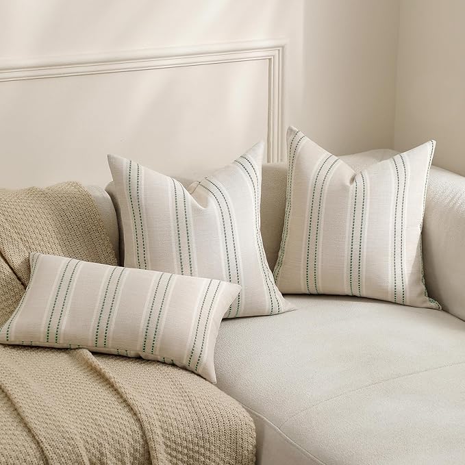 Hckot Spring Throw Pillow Covers 20x20 Set of 2 Green Striped Pillow Covers Decorative Pillows Square Cushion Covers for Sofa Couch Bed Living Room Farmhouse Decor,Sage Green