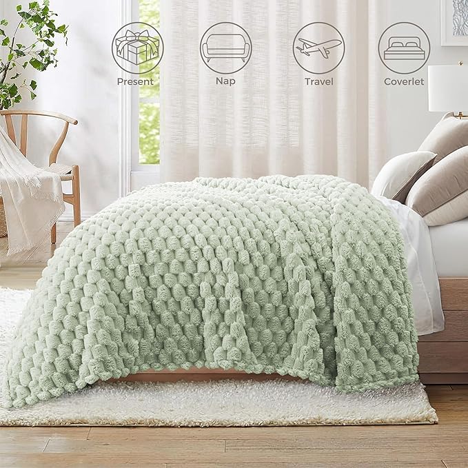 Whale Flotilla King Size Blanket for Bed with Jacquard Pattern, Fuzzy Soft Cozy Exquisite Blankets for All Season, Warm and Fluffy, 90x104 Inch, Sage Green