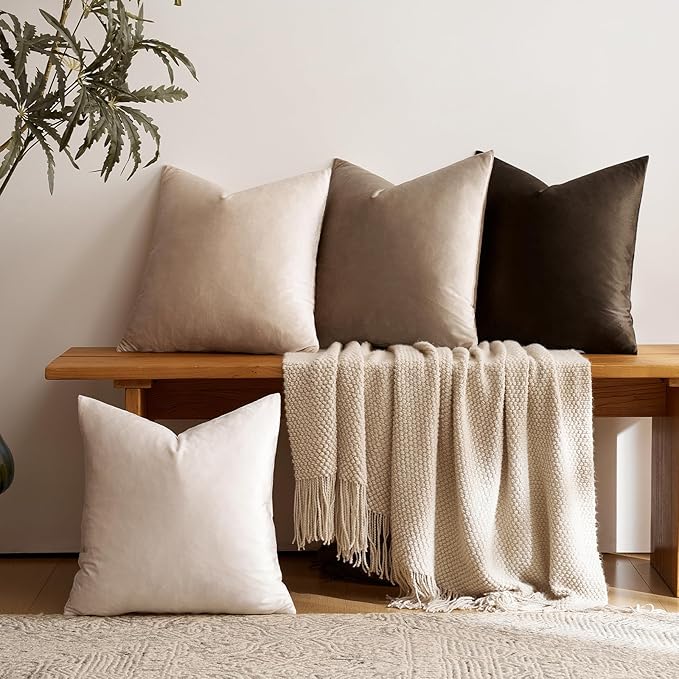 GIGIZAZA Pack of 4 Velvet Pillow Covers - 18x18 Decorative Throw Pillows Soft Couch Cushion Luxury Covers for Bed Living Room Accent Decor Elegant Pillow Cases,Gradient Color Brown