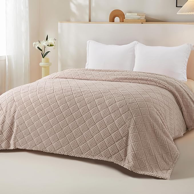 Whale Flotilla Fuzzy Fleece King Size Blanket for Bed, Soft Fluffy Jacquard Waffle Blankets for All Season, Lightweight and Warm, 90x104 Inch, Camel