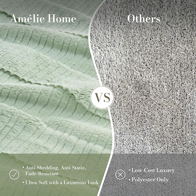Amélie Home Luxury Striped Faux Fur Throw Blanket for Bed Queen Size, Soft Cozy Fuzzy Fluffy Plush Gift Blankets for Women, 88"x90", Sage Green