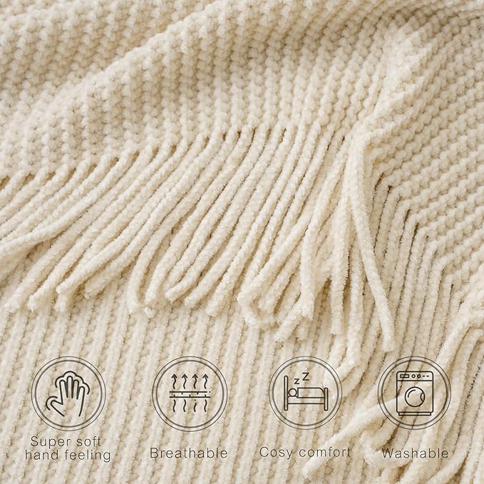 BATTILO HOME Beige Throw Blanket for Couch, Soft Chenille Knit Throws with Tassels for Home Decor, White Cream Throws for Bed Couch Cover, 60"x80"