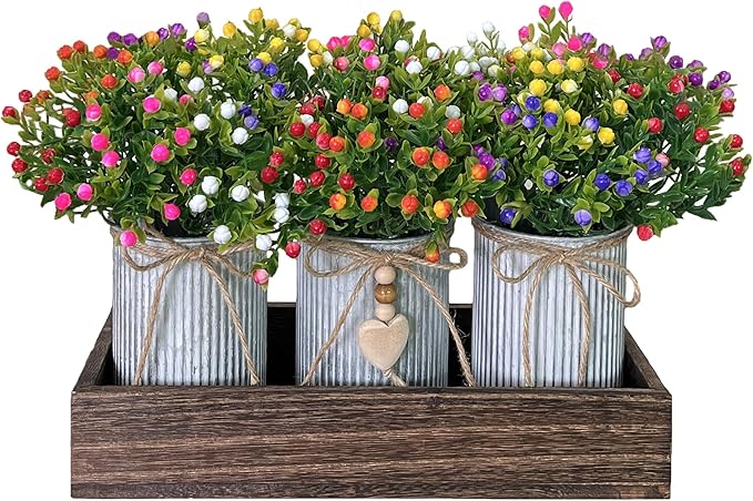 Table Centerpiece Decoration Artificial Flower Set with 3 Fake Milan Bouquet and Wood Tray for Desk Home Bathroom Office Décor