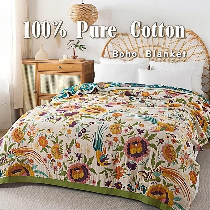 Spring Boho Throw Blanket,100% Cotton Muslin Blankets for Bed,Cozy Floral GreenThrow Blanket,Reversible Bohemian Throw Blankets for Couch,Farmhouse,Golden Phoenix,60"x80"