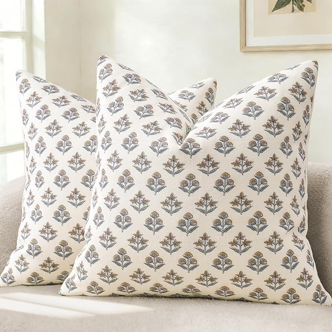 YCOLL Farmhouse Floral Print Throw Pillow Covers 22x22 Set of 2, Rustic Decorative Cushion Covers for Sofa Couch Bed Living Room, Vintage Floral Patterned Cottage Home Decor, Vintage Walnut