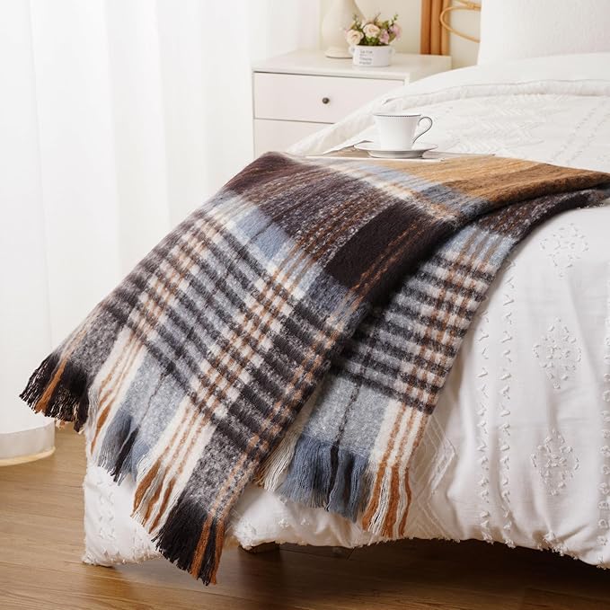 BATTILO Plaid Throw Blanket for Couch Bed, Soft Mohair Tartan Plaid Blanket, Farmhouse Style Checkered Pattern, Bluish Grey Throw Blankets for Home Decor(50"x60")