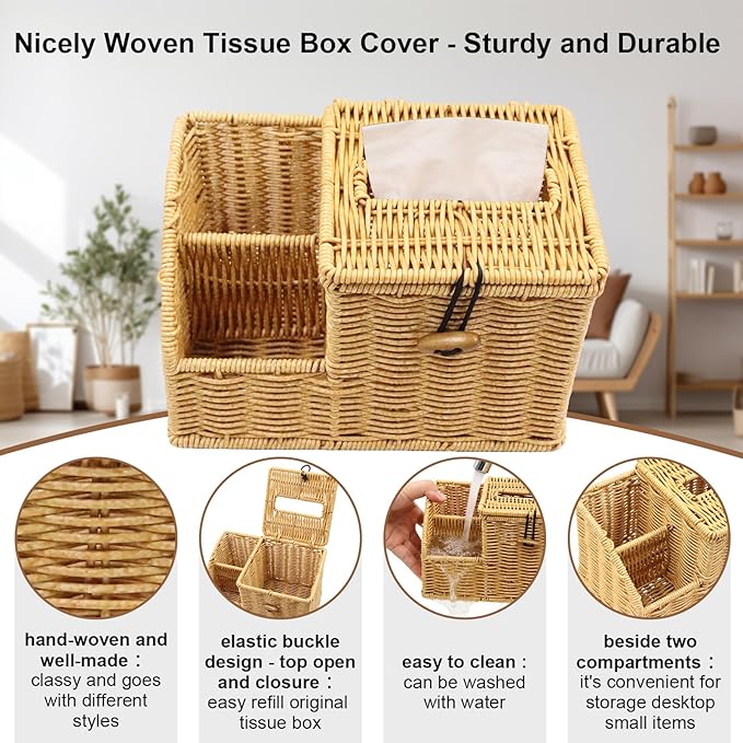 Tissue Box Cover Square, Cube Tissue Box Holder, Tissue Box Cover and Storage, Wicker Tissue Box Holder with Remote Organizer, Bedside Nightstand Organizer for Bedroom/Bathroom/Office/Countertop