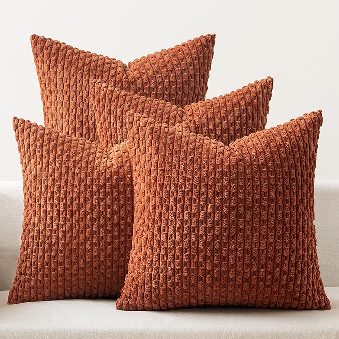 MIULEE Terracotta Decorative Throw Pillow Covers for Couch Sofa Living Room Set of 4 Rustic Striped Cushion Covers Corduroy Pillowcases Farmhouse Home Decor 18x18 Inch Burnt Orange