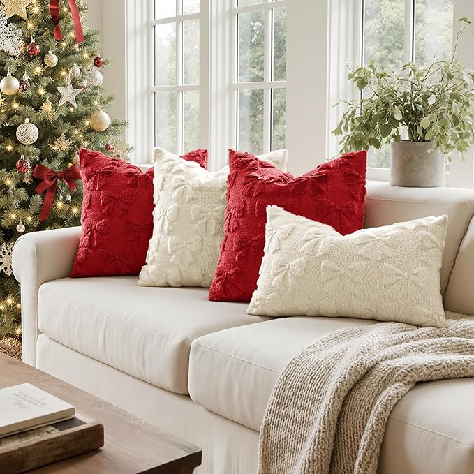 MIULEE Red Bow Pillow Covers Coquette Room Decor Aesthetic Set of 2 Decorative Cute Girl Soft Plush Faux Pillowcase for Preppy Room Decor Bedroom Couch,18x18 Inch