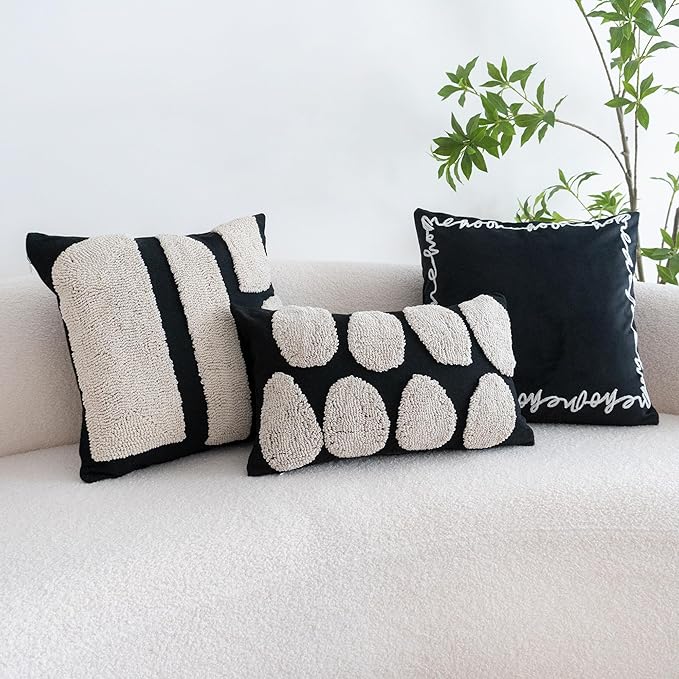 Black White Boho Chunky Tufted Pillow Cover, Neutral Decorative Oblong Throw Pillow Case, Geometric Woven Modern Sham for Bed Couch Living Room, 12x20 inches, 1PCS