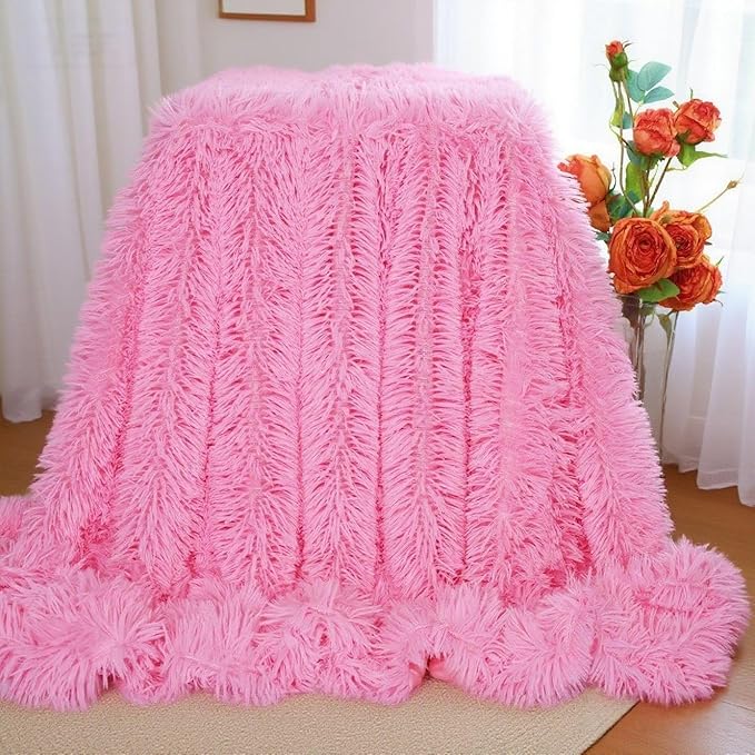 Plush Super Soft Blanket Bedding Sofa Cover Furry Fuzzy Fur Warm Throw Qulit Cozy Couch Blanket for Winter (Throw (51" x 63"), Pink)