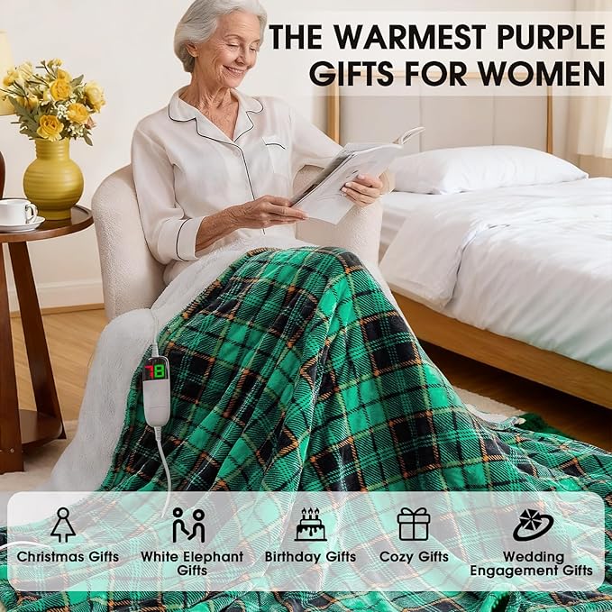 OCTROT Green Heated Blanket Electric Throw 50X60, Heating Blanket for Couch, Plaid Sherpa Winter Blankets Warmer, 10 Levels & 8-Hour Auto Off, for Mom Women, Home Decor for Couch Bed Office