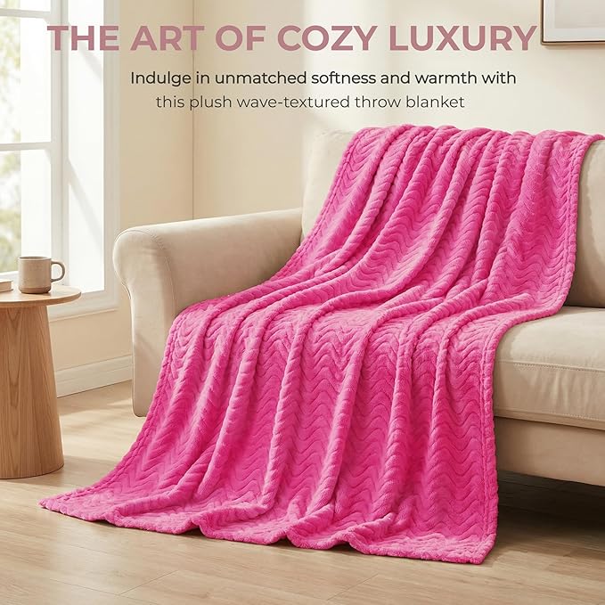 Exclusivo Mezcla King Blanket for Bed, Cozy Lightweight Fleece Blankets for All Season, Decorative Giftable Fuzzy Plush Wave Textured Suitable for Women, Men, Hot Pink, 90x104 Inches