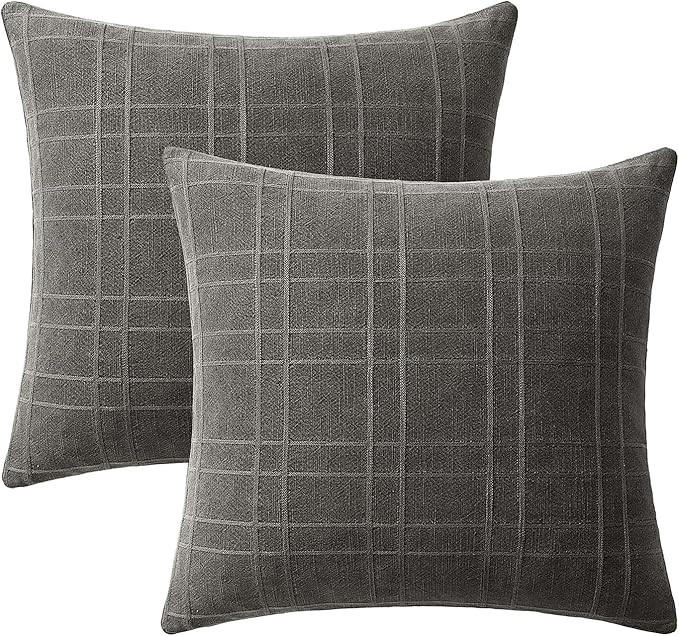 MIULEE Decorative Linen Check Lumar Throw Pillow Covers Neutral Farmhouse Vintage Pillow Covers 20x20 Inch Set of 2 Boho Modern Home Decor for Sofa Couch Bedroom Cushion Chair Charcoal Gray