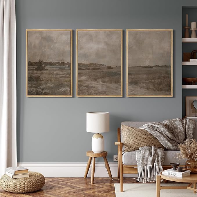 MUDECOR Framed Wall Art Print Set Vintage Neutral Countryside Landscape Rustic Field Path and Distant Trees Illustrations Modern Art Decorative for Living Room, Bedroom, Office - 24"x36"x3 NATURAL
