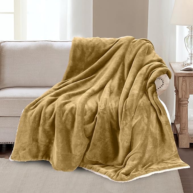 Mocassi Premium Ultra-Soft Velvet Touch Flannel Fleece Sherpa Throw - Warm Cozy Reversible Plush Micromink Throw Blanket for Couch, Bed and Sofa - Fluffy, Christmas Winter Bedding Gift, Gold
