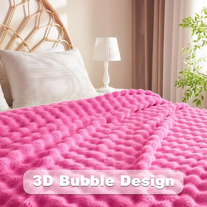NEWCOSPLAY Throw Blanket for Couch Hot Pink Super Soft Flannel Fleece 3D Bubble Lightweight Bed Blanket All Season Use (Hot Pink, Throw(50"x60"))