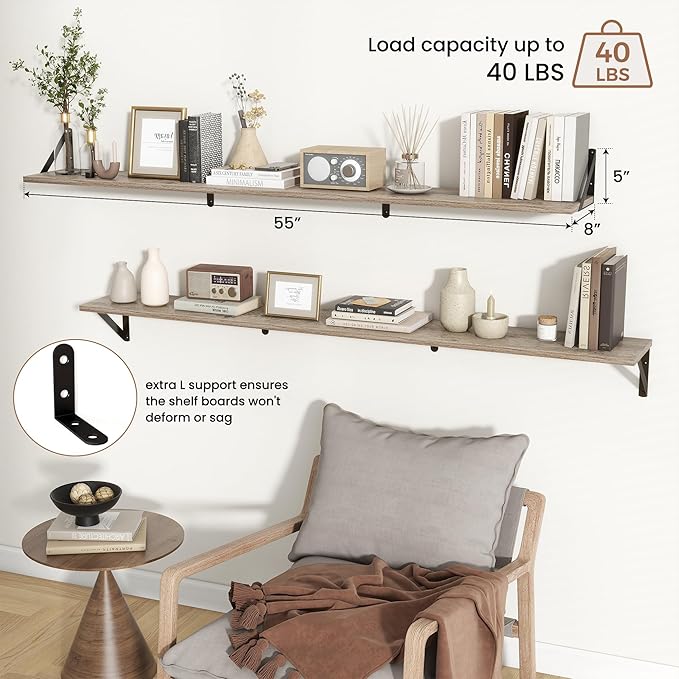 Axeman 55 Inch Floating Shelves | 8 Inch Deep Grey Wall Shelves Set of 2 | 55" W x 8" D Rustic Grey Wood Shelves for Bathroom Kitchen Living Room
