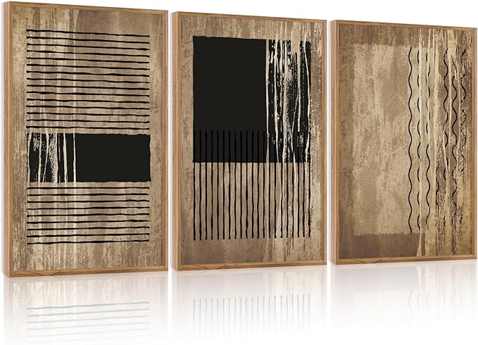 CHDITB Abstract Lines Framed Canvas Wall Art Set Of 3, Minimalist Wall Decor, Modern Inspired Geometric Wall Painting, Neutral Toned Abstract Art Prints for Living Room Bedroom Decor (12X16 Inch)