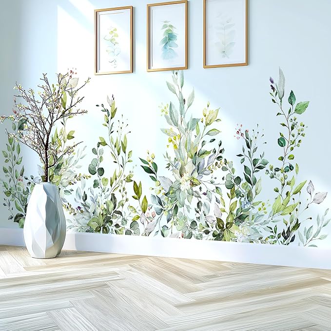 Green Plants Leaves Wall Decals Peel and Stick, Large Floral Flowers Wall Stickers, Removable Vine Home Decor Art for Bedroom Living Room Classroom Office
