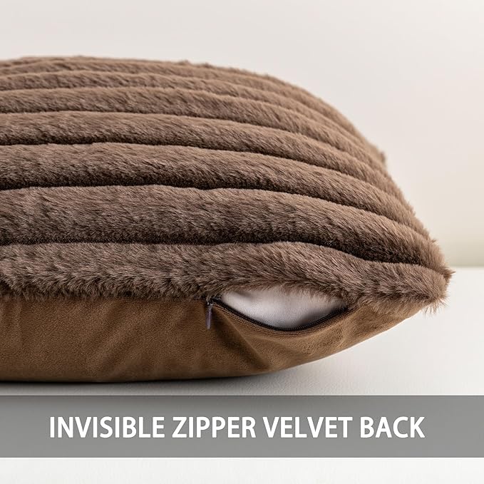 Aegero Pack of 2 Faux Fur Fall Throw Pillow Covers 12x20 Inch, Soft Plush Striped Neutral Couch Pillow Cover, with Velvet Back Modern Home Decor for Sofa Living Room Couch Bed Dark Coffee