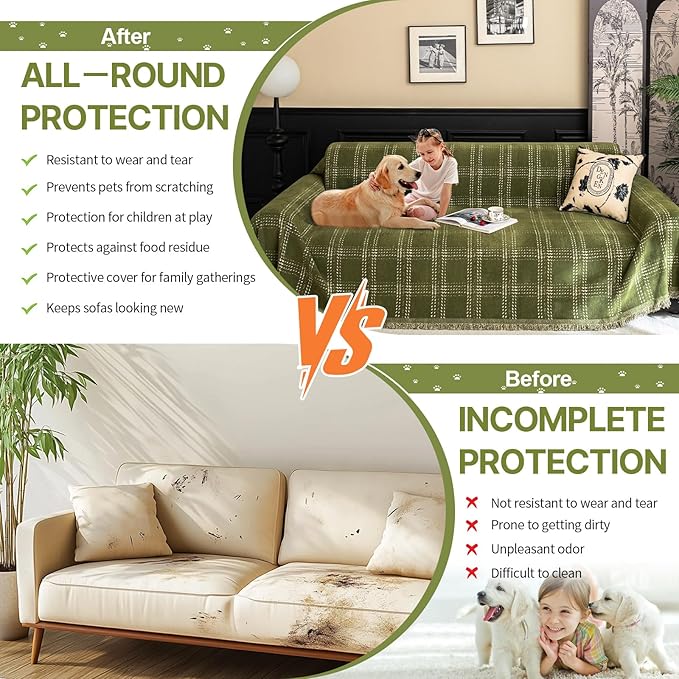 HANDONTIME Couch Covers for Dogs, Buffalo Check Sofa Cover White Plaid Geometric Pet Couch Cover for Dogs & Cats Chenille Sofa Covers Washable 3 Seat Sectional Covers Soft (Matcha Green, 71"x118")