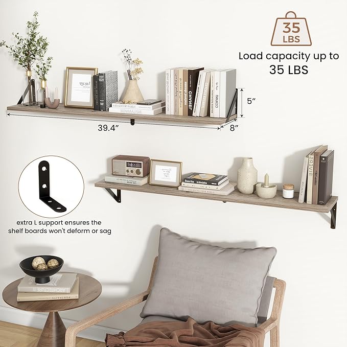 Axeman 40 Inch Floating Shelves | 8 Inch Deep Grey Wall Shelves Set of 2 | 39.4" W x 8" D Rustic Grey Wood Shelves for Bathroom Kitchen Living Room