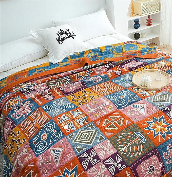 MSGKV Spring Cotton Throw Boho Blanket for Couch Bed, 60''x80'' Muslin Brathable Lightweight Travel Decor Blanket for Bedroom