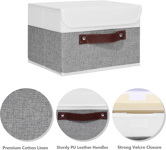 ANMINY Storage Boxes with Lids Washable Decorative Storage Bins Basket with PU Leather Handle Foldable Linen Fabric Storage Cubes Containers for Home Closet Organizer - Gray White, Small Size