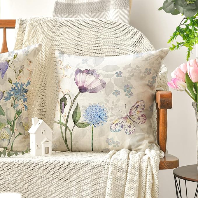 AVOIN colorlife Every Day is A Gift Hydrangea Throw Pillow Covers, 18 x 18 Inch Spring Summer Floral Butterfly Dragonfly Decoration Cushion Case for Home Sofa Couch Set of 4