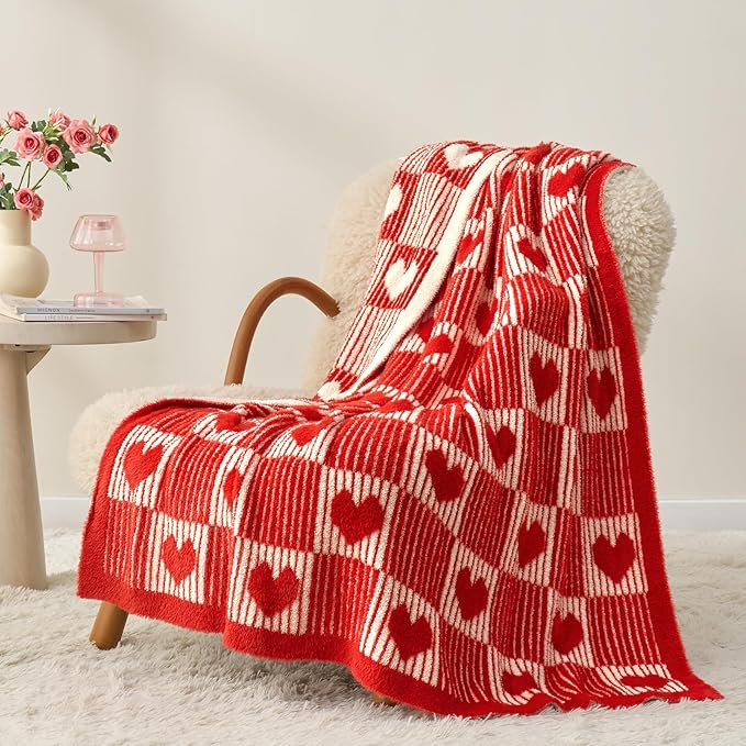 Snuggle Sac Red Heart Checkered Blanket for Women, Valentines Day Love Blankets Heart Blankets for Her Wife Mom,Super Soft Warm Fluffy Faux Fur Blanket for Couch Sofa Bed,Red Heart,60x80 inches