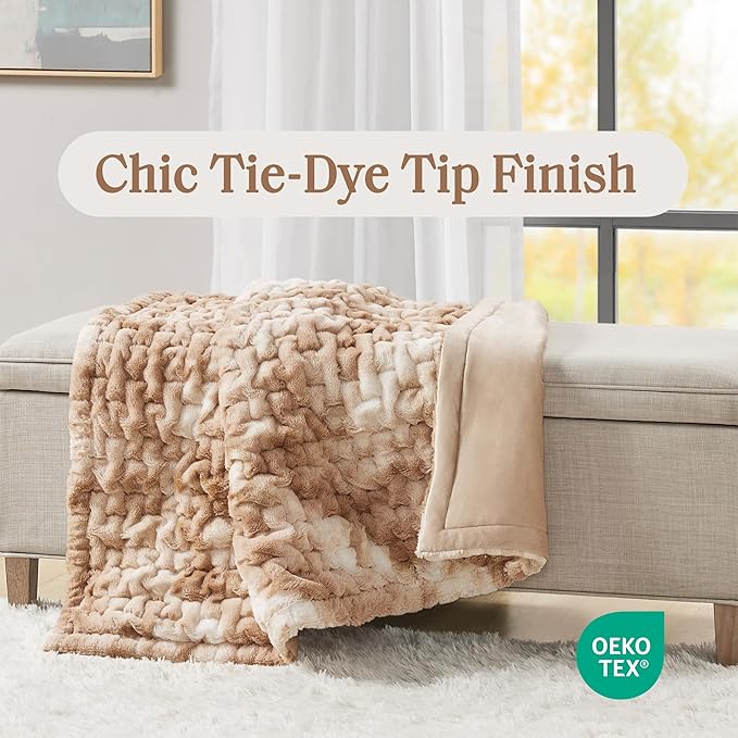 Madison Park Faux Fur Throw, Luxurious Ruched Texture, Fuzzy Warm, Plush Mink-Like Reverse, All Season, Lightweight & Cozy Blanket-Throw for Sofa, Couch, Living Room & Office 50" x 60" Tan Tie Dye