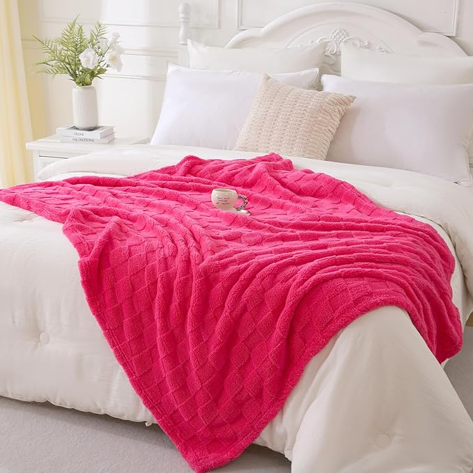 Hot Pink Fleece Throw Blanket 50”×60” for Couch Sofa Bed,Super Soft Cozy Plush Microfiber Flannel Blanket with 3D Checkered Design Lightweight for Adults Woman Girls