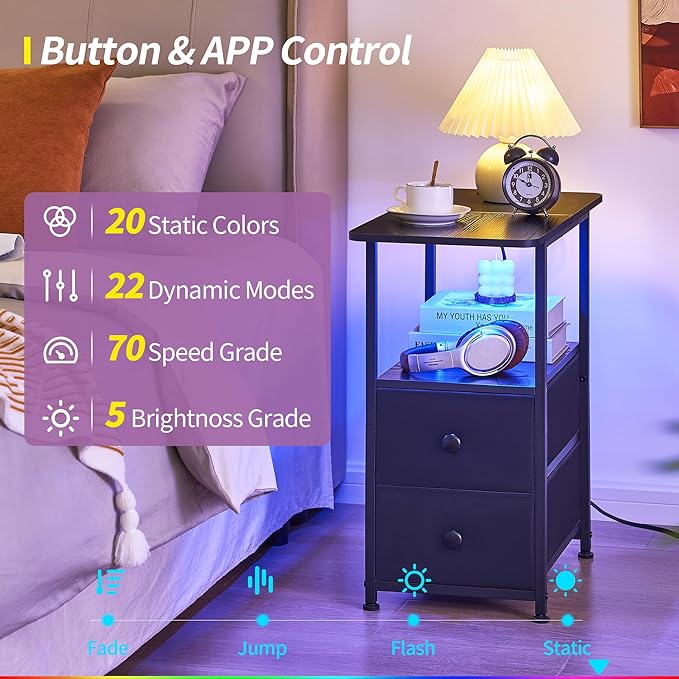 Narrow End Table with Charging Station, Narrow Side Table with 2 Fabric Drawers, Slim Nightstand with LED Light, Small Bedside Table with Storage, Living Room, Bedroom, Black HKET1203BK