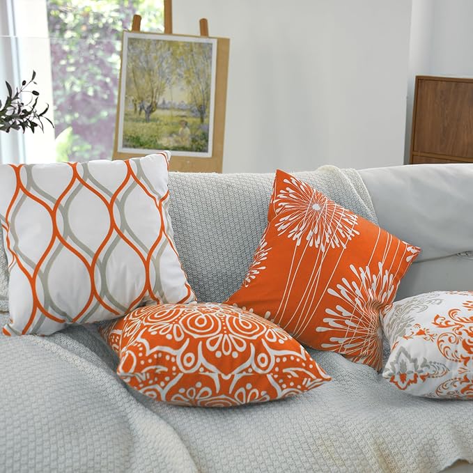 Coliuso Decorative Throw Pillow Covers 18x18 inch Set of 4,Orange and White Modern Simple Square Pillow Case Cushion Cover for Sofa Couch Farmhouse Outdoor Living Room (Burnt Orange and White)