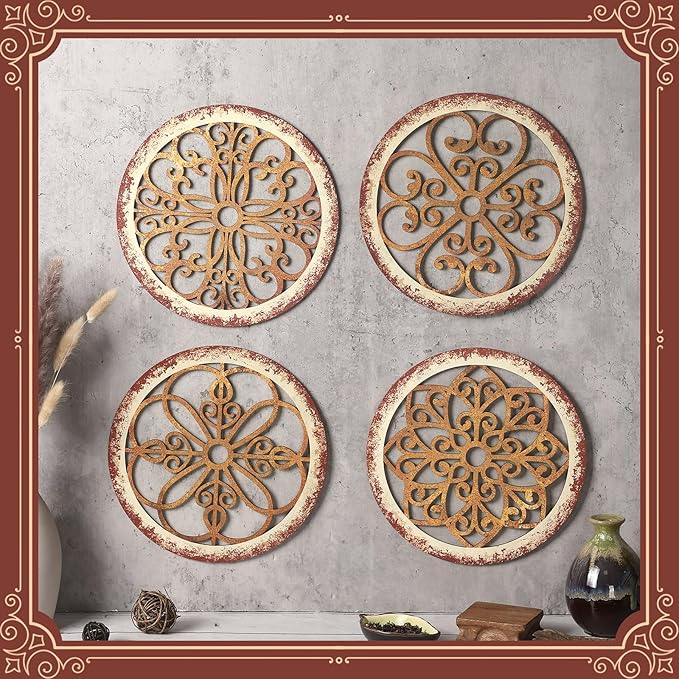 Yulejo 4 Pcs Thicken Rustic Wall Decor Farmhouse Kitchen Wall Round Art Wooden Hollow Carved Design Rustic Art for Living Room Bedroom Hallway Decor (9.8 x 9.8 Inch,Light Brown)