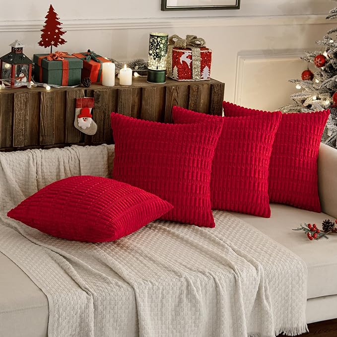 MIULEE Pack of 4 Christmas Red Corduroy Decorative Throw Pillow Covers 20x20 Inch Soft Boho Striped Pillow Covers Modern Farmhouse Home Decor for Sofa Living Room Couch Bed