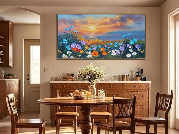 Ardemy Wildflower Wall Art for Living Room Large Framed Floral Canvas Pictures Bedroom Wall Decor, Sunset Painting Flower Textured Artwork for Wall Dining Room Home Office 48"x24"