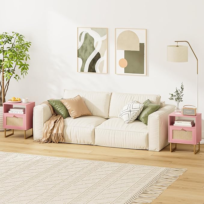 Rattan Nightstand, Boho Night Stand Farmhouse Wood Bedside Table with Storage and Open Shelf, End Side Accent Table for Bedroom,Living Room,Pink