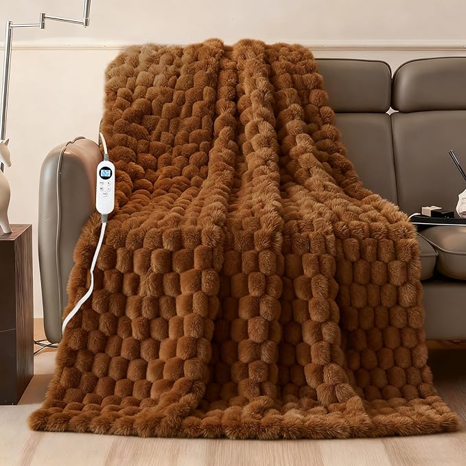Heated Blanket Throw 50" x 60" Soft Ribbed Faux Fur Flannel Fast Heating 12 Heat Levels 1–12H Timer & Overheat Protection & Auto Shut-Off & ETL FCC & Machine Washable Heated Throw