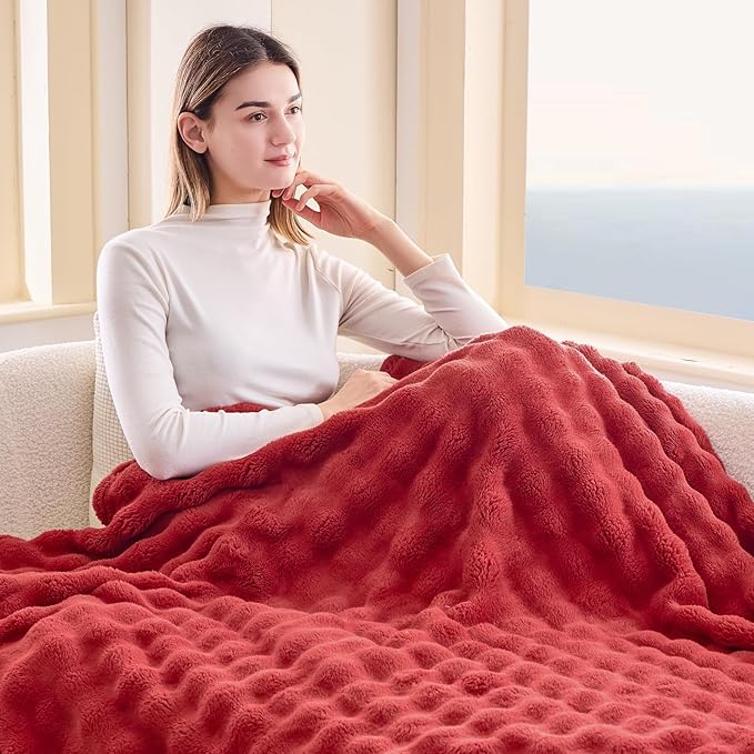 NEWCOSPLAY Throw Blanket for Couch Red Super Soft Flannel Fleece 3D Bubble Lightweight Bed Blanket All Season Use (Red, Throw(50"x60"))