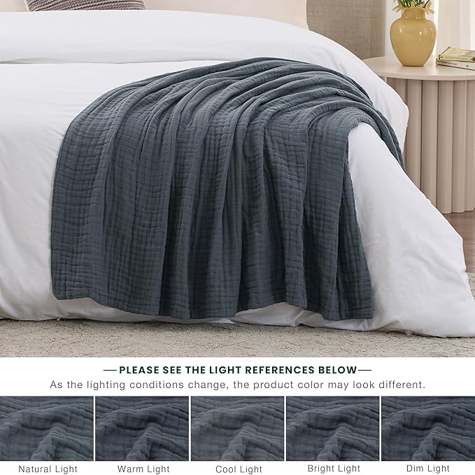Love's cabin 100% Cotton Muslin Blanket, 6 Layer Lightweight Breathable Gauze Large Throw Blanket 50 x 70 Inches, Soft Cooling All Season Blanket for Couch or Sofa, Dark Grey