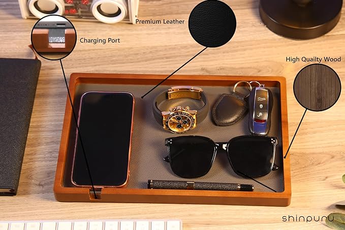 Shinpuru Wooden Valet Tray with Leather Inlay - Nightstand & Desk Organizer - EDC Essentials Catchall Tray for Keys, Phone, Wallet, Watch, Earbuds - Stylish Storage (Wood-Full)