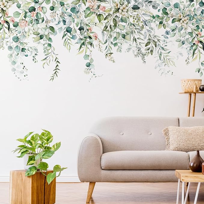 Zonon Flowers Wall Decals Stickers Vinyl Removable Peel and Stick Colorful Dragonflies Floral Wall Murals Decor for Bedroom Living Room Nursery(Greenery)