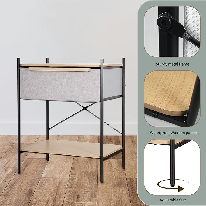 Modern Nightstand with 3-Tier Storage - Water-Resistant Shelves & Fabric Drawer, Sturdy Metal Frame Bedside Table for Bedroom, Dorm, Living Room, Light Gray