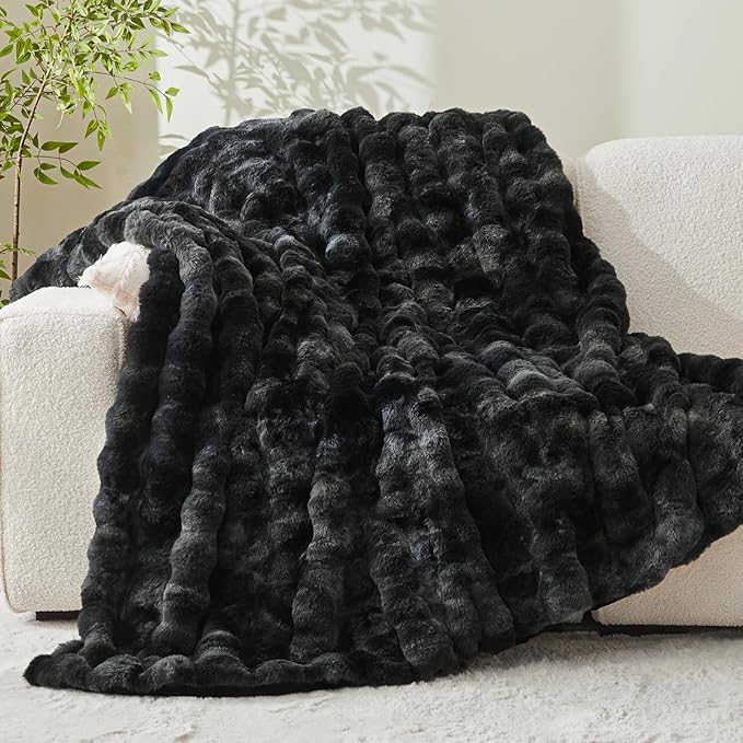 BEDELITE Faux Fur Throw Blanket for Couch, Decorative Tie-Dye Black Plush Bubble Blanket - Super Soft & Cozy Fluffy Faux Rabbit Fur Blanket for Women Gift, 60x80 Inches