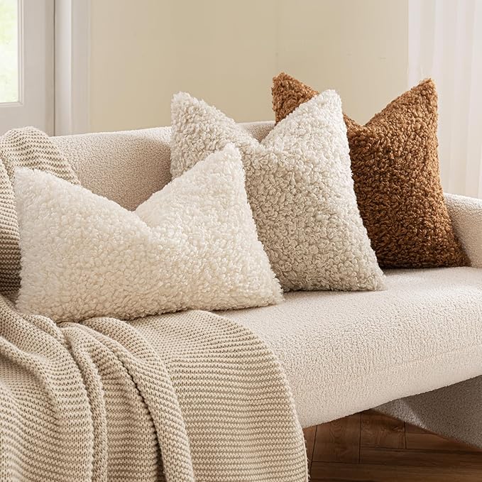 MIULEE Pack of 2 Throw Pillow Covers 24x24 Inch Neutral Oatmeal Faux Fur Decorative Sherpa Pillow Covers Fuzzy Accent Soft Sheepskin Fleece Cushion Cases for Boho Home Decor Couch Living Room Bed
