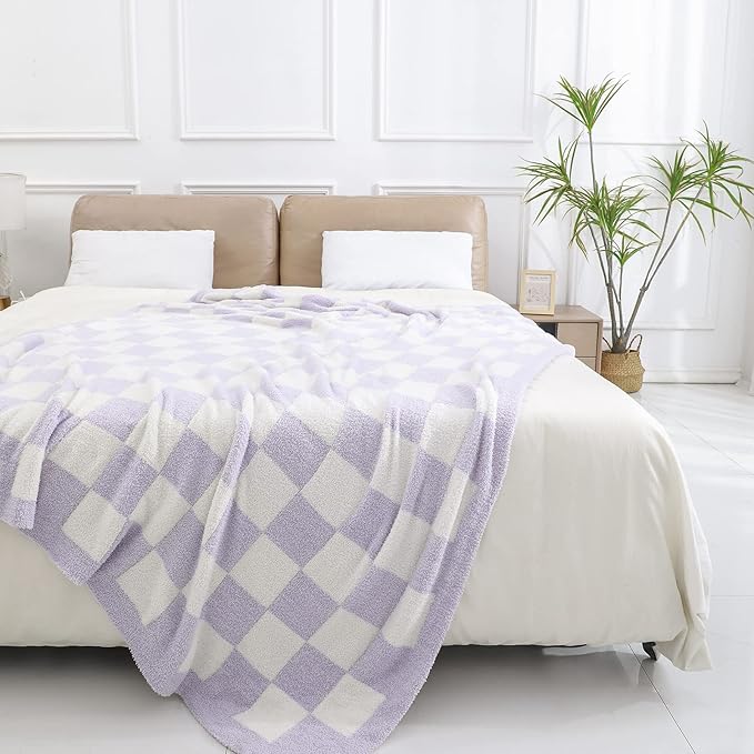 bearberry Fuzzy Checkerboard Grid Throw Blanket Knitted Soft Cozy Warm Microfiber Blanket Decor for Couch Sofa Bed Travel Home (Purple, 40''x50'')
