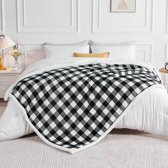 BEDELITE Sherpa Fleece Blankets Queen Size - Black and White Buffalo Plaid Christmas Blanket, Super Soft Cozy Warm Thick Winter Blanket for Couch and Bed, 90" x 90"