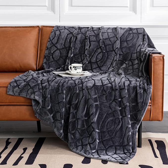 Soft Cozy Fleece Twin Blanket, 60x80 Inches – Lightweight Plush Blanket for Couch, Fuzzy 3D Jacquard Design, for Sofa, Bed & Travel - Dark Grey